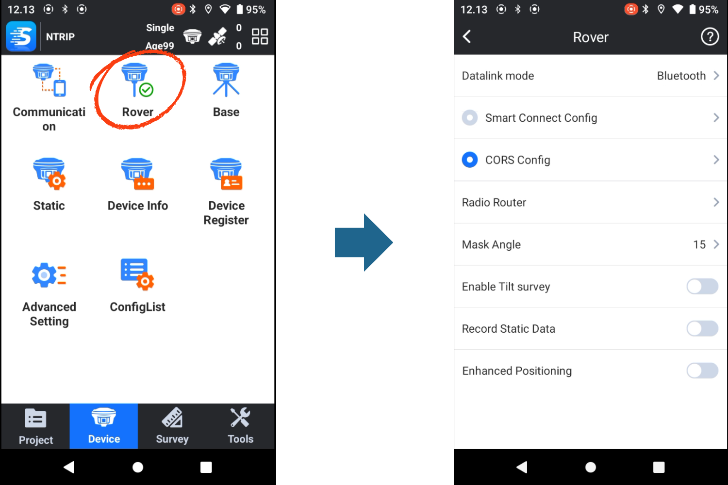 Menu Rover Config for CORS NTRIP