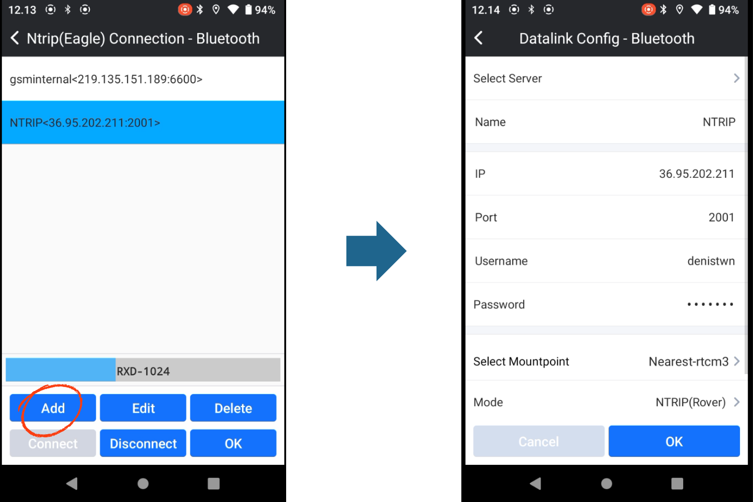 Menu Datalink for setting CORS NTRIP