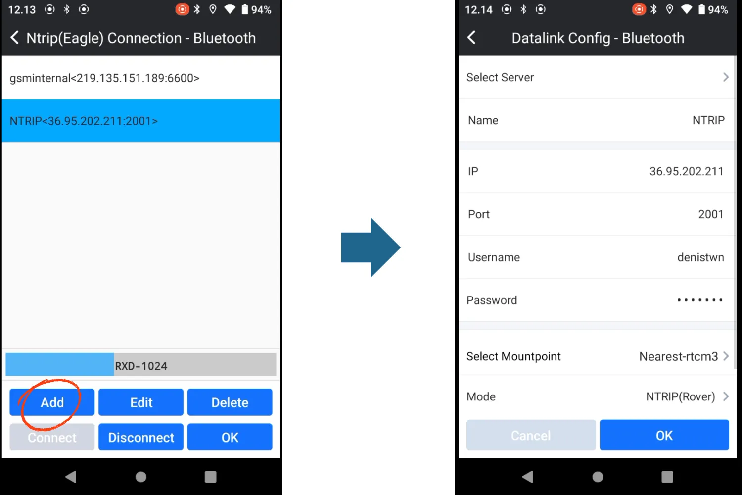 Menu Datalink for setting CORS NTRIP